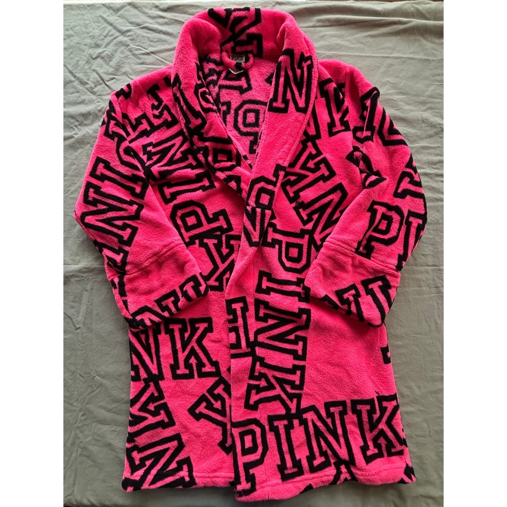 Victoria's Secret PINK Neon Pink Black Logo Plush Fleece Robe XS/S Sleepwear